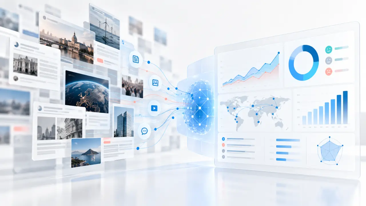 Tableau de bord analysant les tendances médiatiques et la réputation des marques