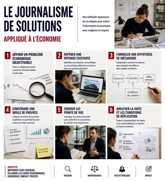 Journalisme de solutions appliqué à l’économie : les six étapes de la méthode de reportage
