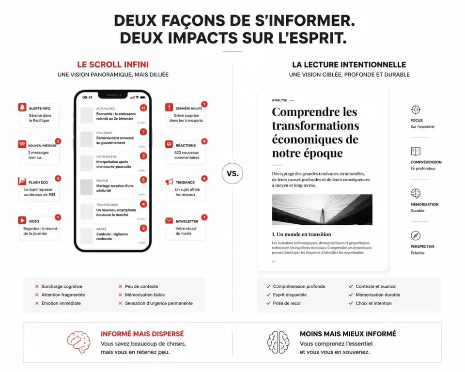 Infographie illustrant comment réduire sa consommation d'actualités anxiogènes en passant d'une vision panoramique à une vision ciblée.