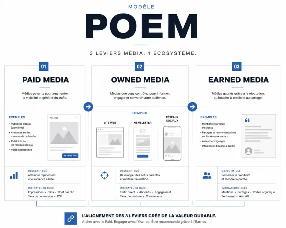 Infographie du modèle owned media, paid media et earned media en marketing digital