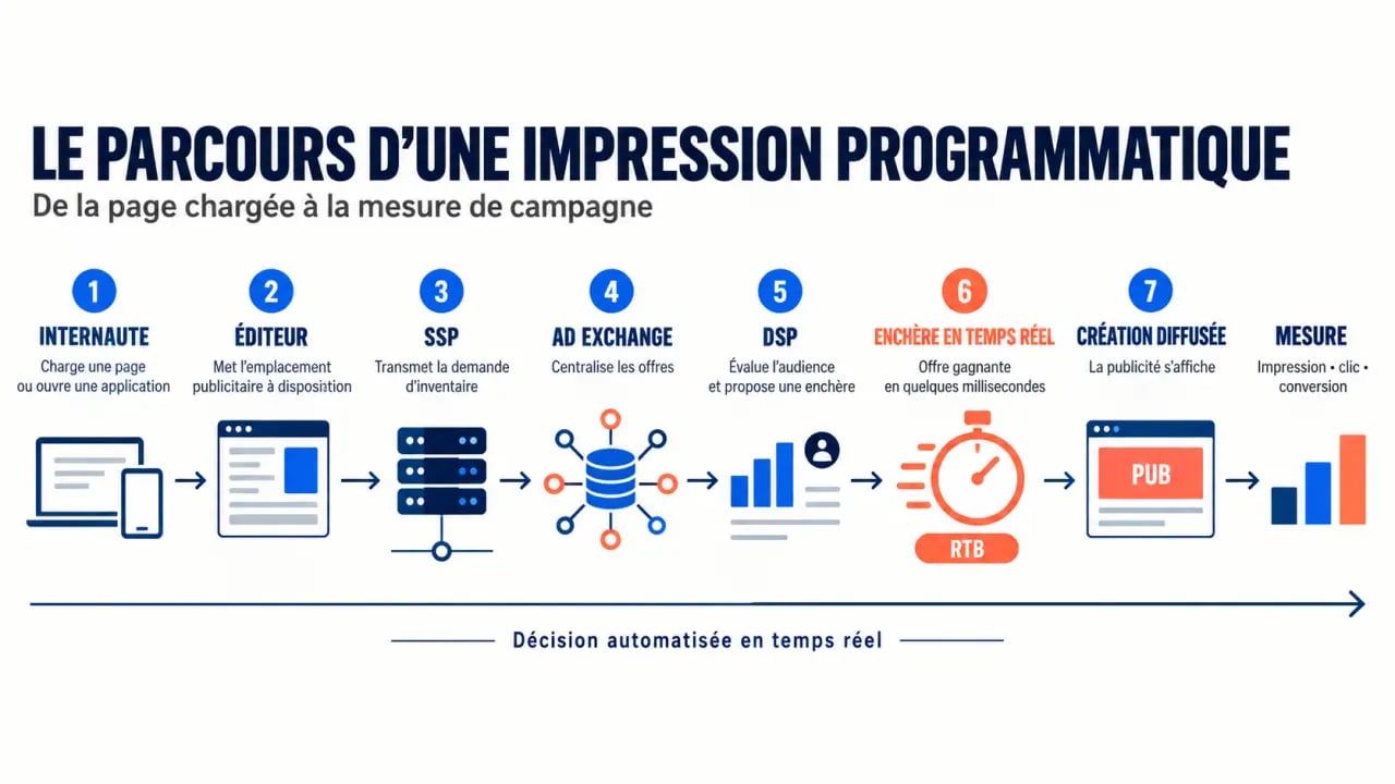 Schéma du fonctionnement de la publicité programmatique et du parcours d’une impression