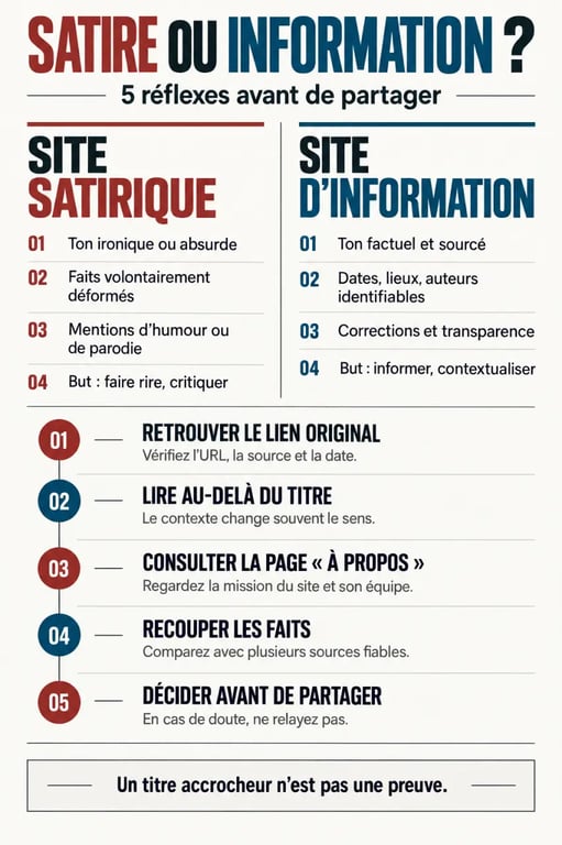 Infographie expliquant comment faire la différence entre un site satirique et un site d’information