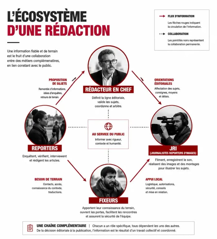 Infographie des différents types de journaliste et rôles au sein d'une rédaction