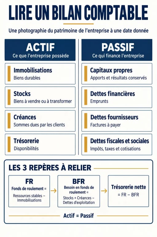 Infographie pour comprendre comment lire et comprendre un bilan comptable pour un journaliste