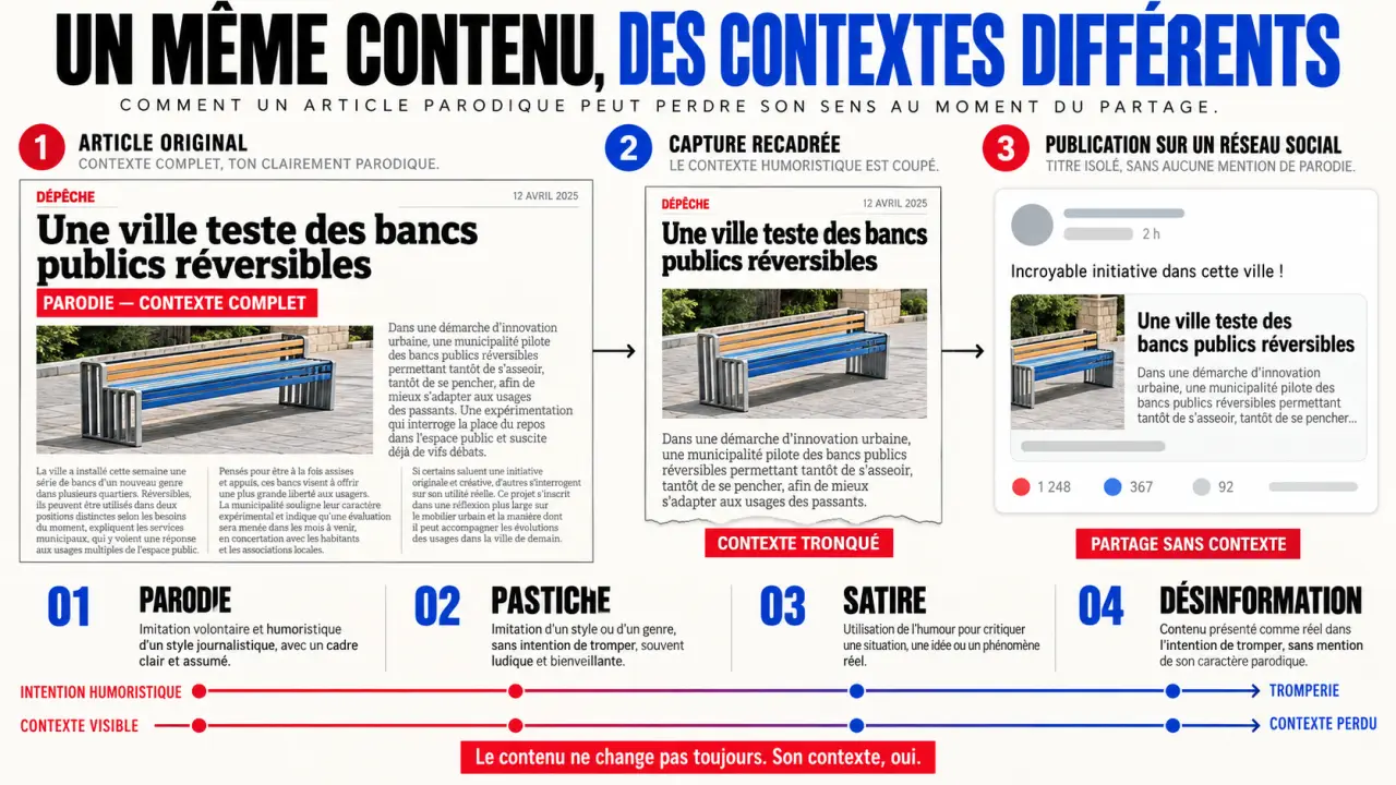 Sites parodiques : schéma éditorial sur la différence entre parodie, satire et désinformation lors du partage