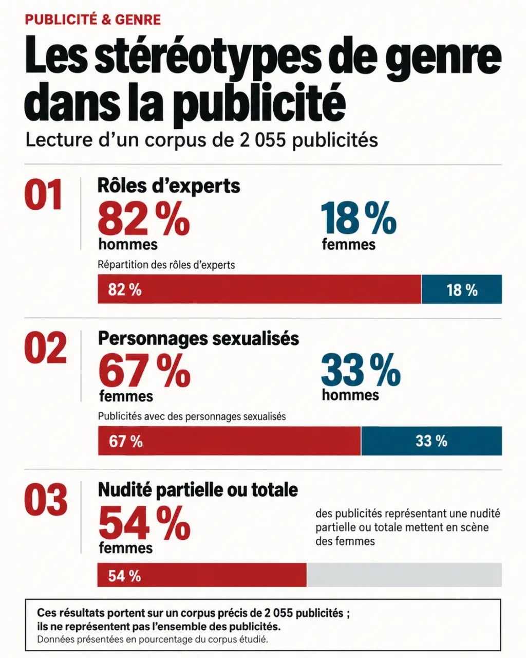 Infographie sur la publicité stéréotype et les écarts entre femmes et hommes dans les rôles d’experts et la sexualisation