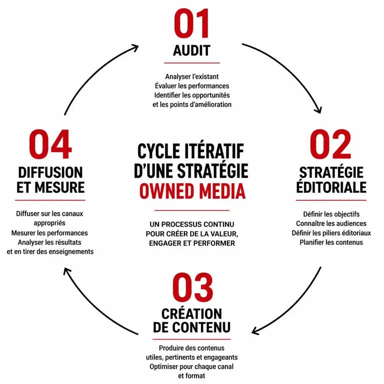 Cycle d'une stratégie owned media : audit, création, diffusion, mesure