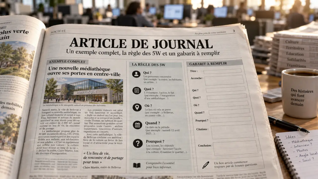Article de journal : un exemple complet, la règle des 5W et un gabarit à remplir