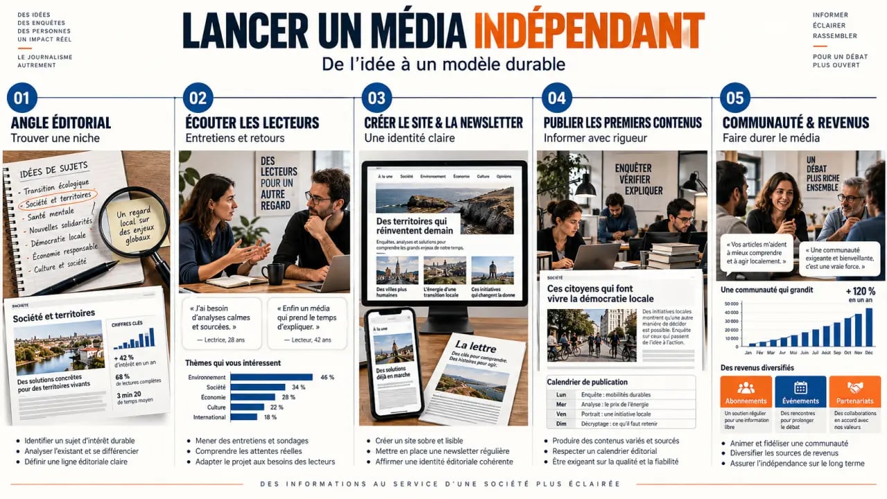 Parcours pour créer un média d’actualité en ligne indépendant, de l’idée au lancement