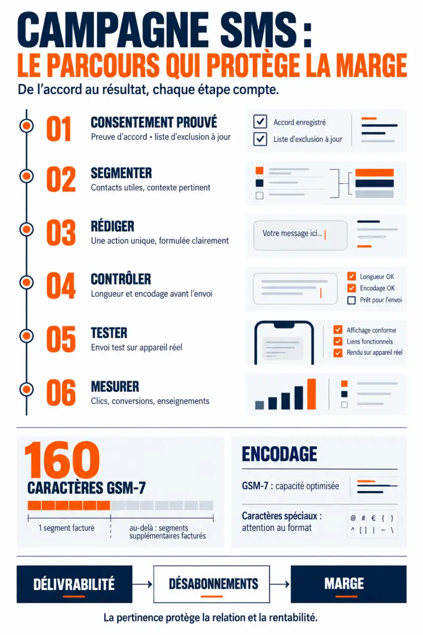 Infographie sur le parcours d’une campagne de publicité SMS, du consentement au suivi des conversions