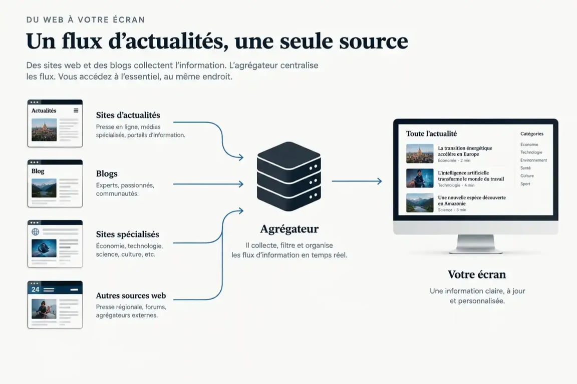Schéma de fonctionnement d'un agrégateur de newsfeeds RSS