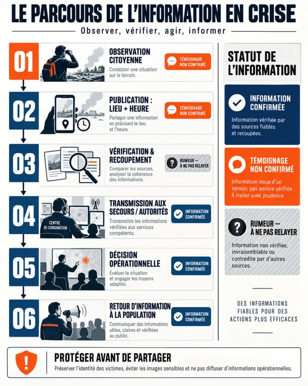 Infographie sur le rôle du journalisme citoyen dans la couverture des crises et le parcours de vérification d'une information